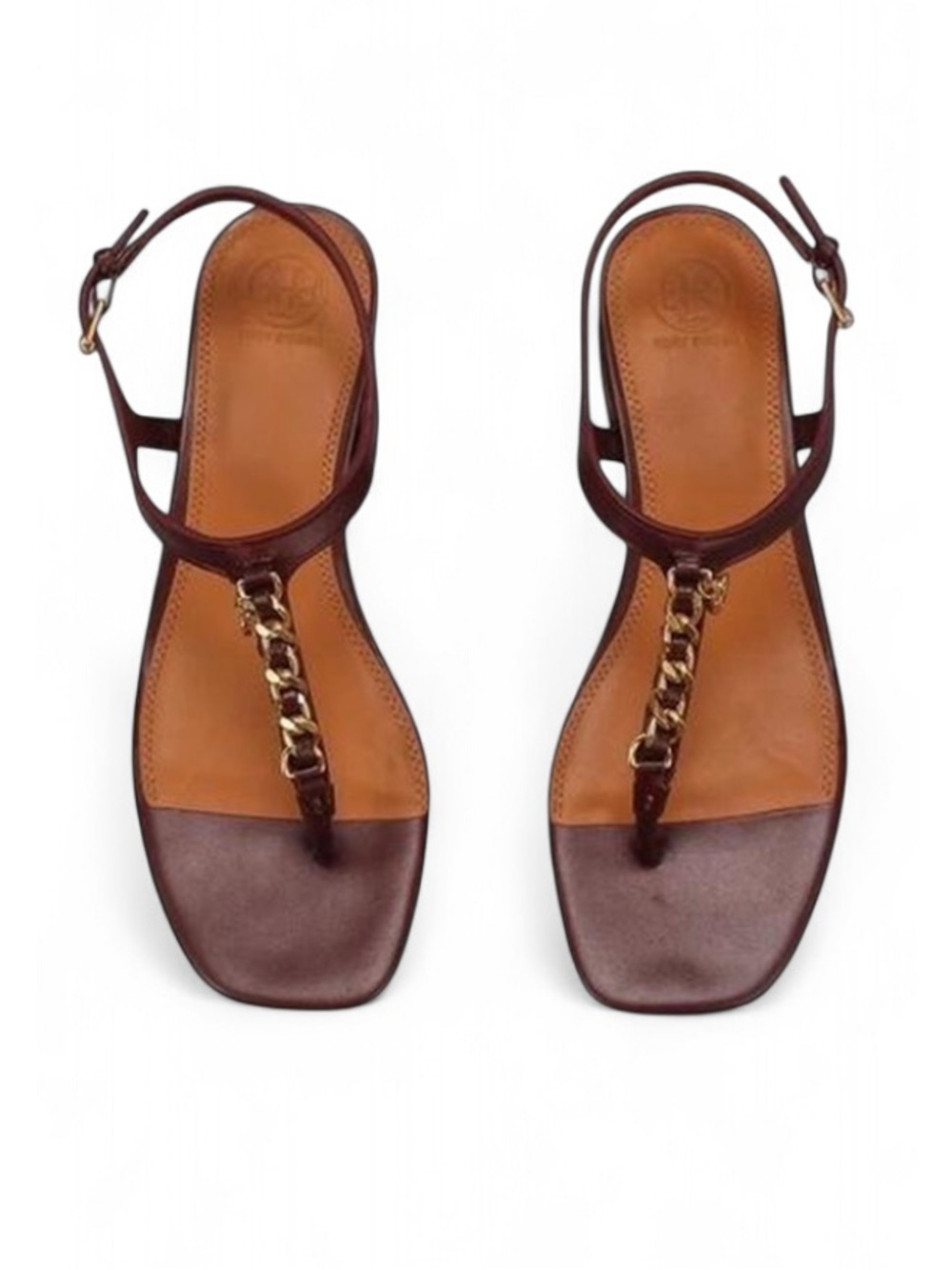 Tory Burch Benton Thong Sandals, Burgundy / Claret leather, Gold-tone chain, 6.5